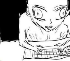 a drawing of a person sitting at a table with a laptop in front of them