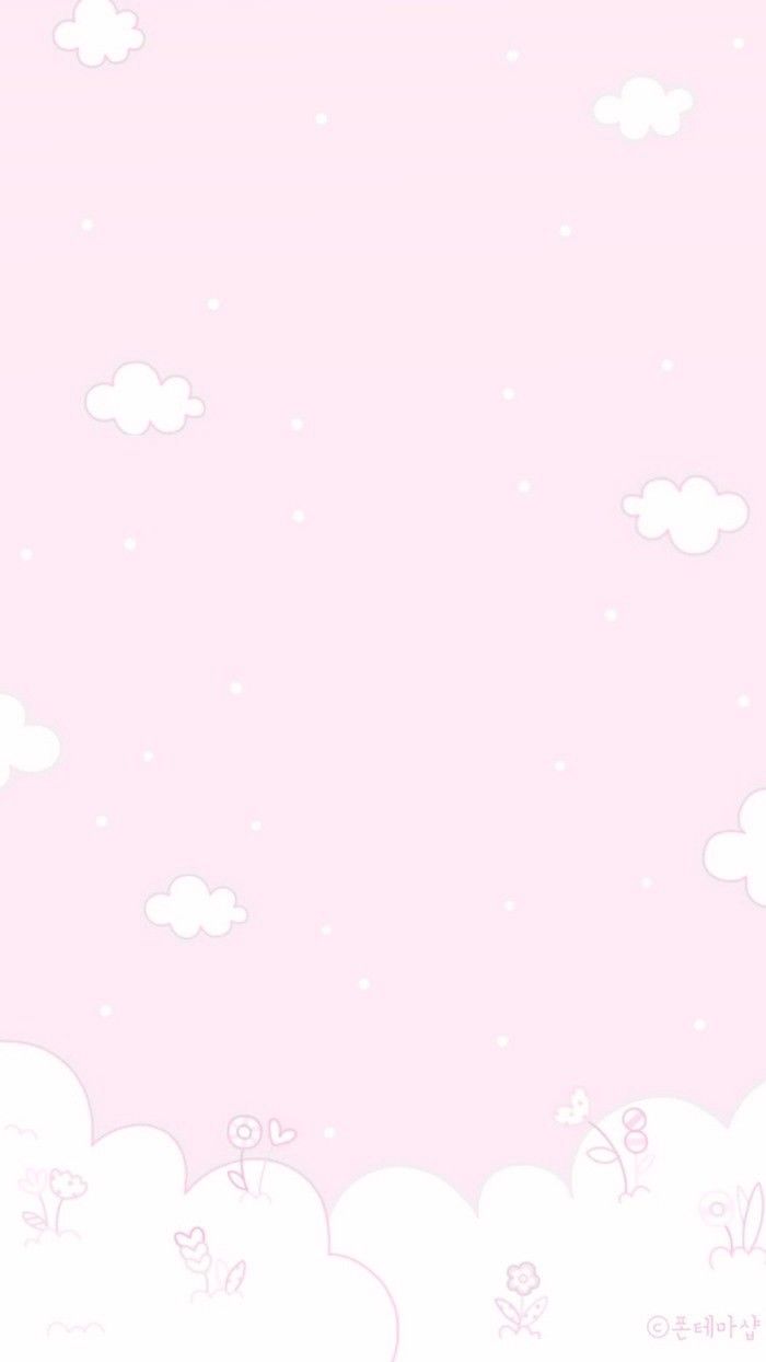 a pink background with clouds and birds