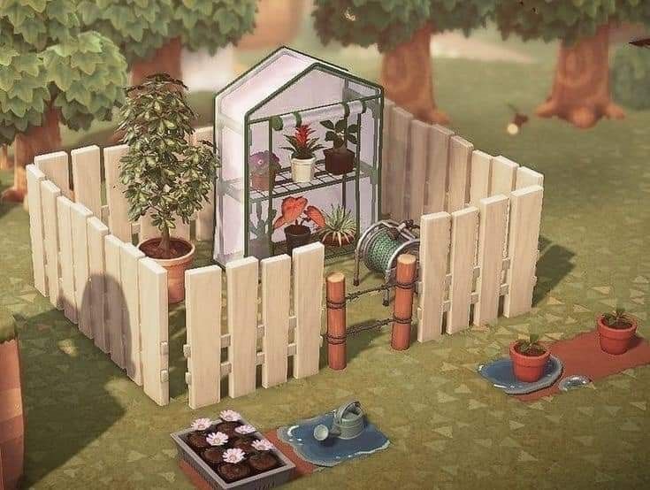 a painting of a small greenhouse in the middle of a yard with potted plants