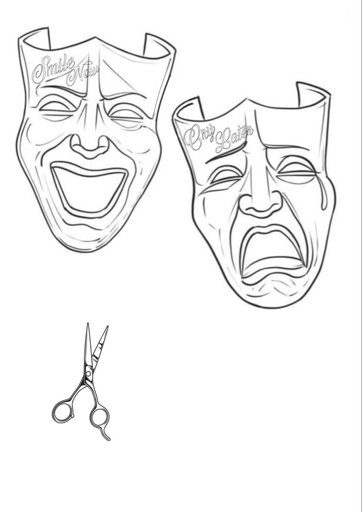 two masks with faces drawn on them, one has scissors and the other has a pair of