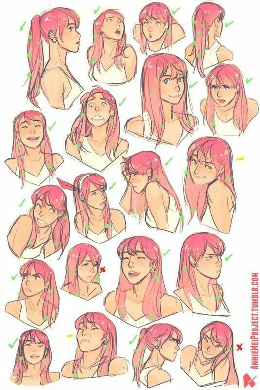 various poses and hair styles for the character's face, head, and shoulders