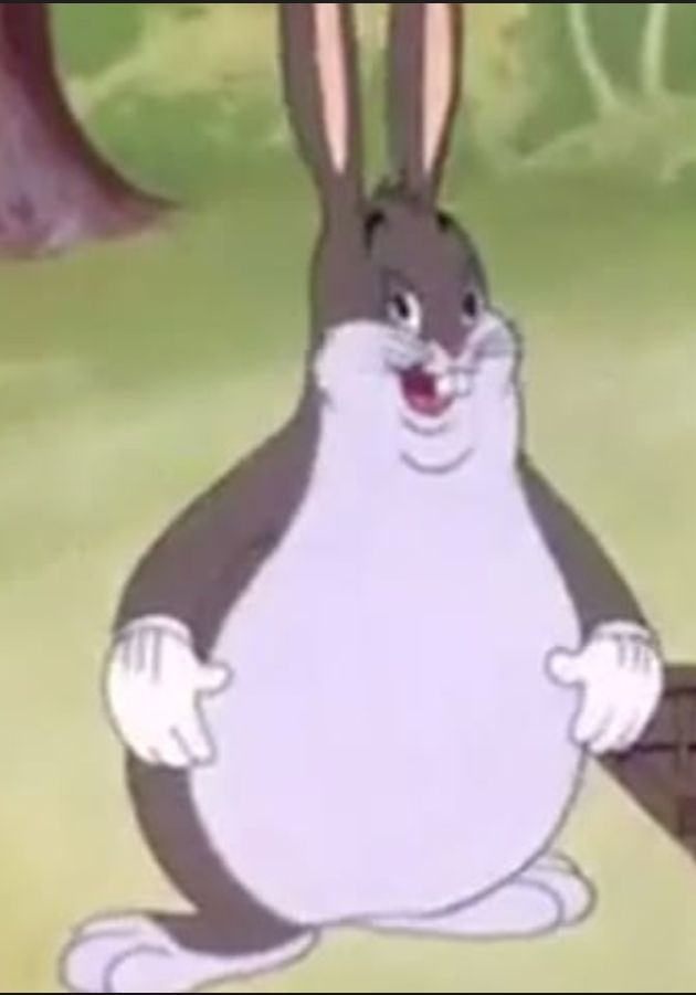 an animated rabbit is sitting on the ground in front of a tree and grass area