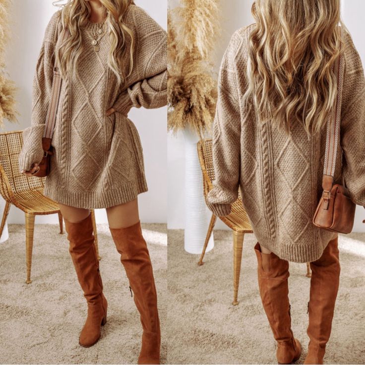 If You Want A Comfy, Cozy Sweater Dress This Is Perfect For The Fall And Winter. It Is Durable, Warm And Incredibly Flattering. Womens Sweater Dress Outfits, Beige Knit Mini Dress For Winter, Sweater Dress Knee High Boots, Casual Chunky Knit Dresses For Fall, Fall Boots Knee High, Cozy Winter Mini Dress, Beige Knit Mini Dress For Fall, Cozy Cable Knit Dresses For Fall, Cozy Cream Sweater Dress For Fall