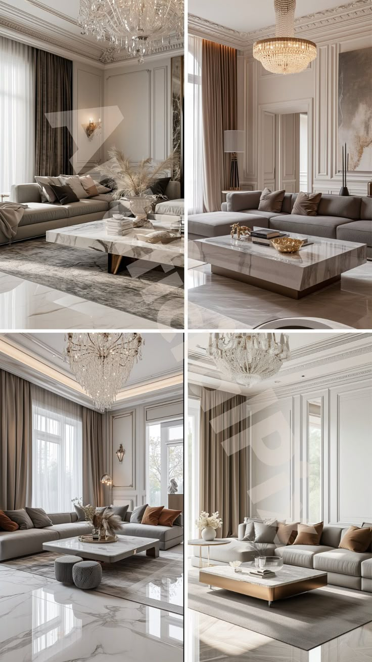 four different views of a living room with couches, chandelier and windows