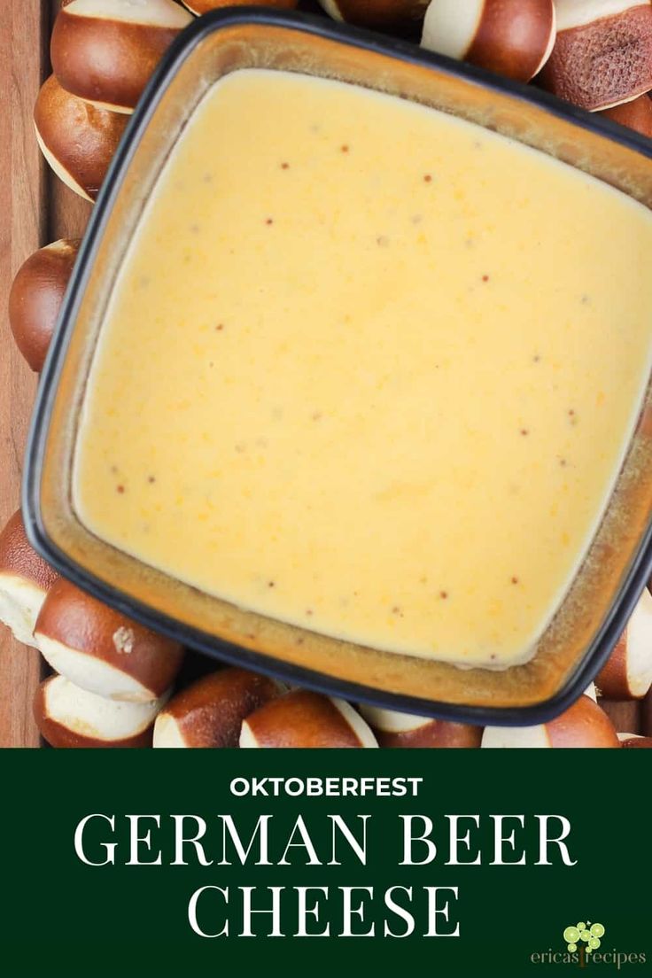 an overhead view of a bowl of german beer cheese