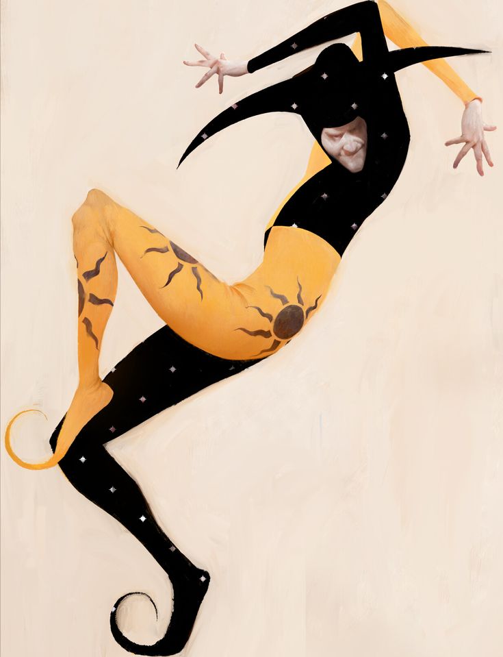 a painting of a woman dressed in black and yellow with her arms spread out to the side