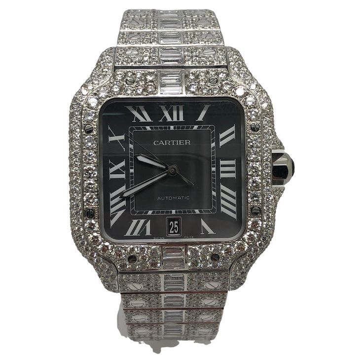 Brand New!! 100% Authentic Cartier Santos Iced out completely with collection quality vs2-si1 white natural round and emerald cut diamonds 26 carats in collection quality diamonds also available with vs1-vvs clarity diamonds for an additional 4500$ fully iced out diamond dial and bezel this watch was customized by replacing the dial with a diamond dial as well as the adding diamonds to the bracelet and case comes with original Cartier Box and Papers! Incredible watch!!! we are the Emerald cuts s Cartier Santos Watch Woman, Cartier Diamond Watch, Cartier Santos Watch, Cartier Watches Women, Cartier Diamond, Dope Jewelry Accessories, Bling Ideas, Diamond Watches Women, Gold Diamond Watches