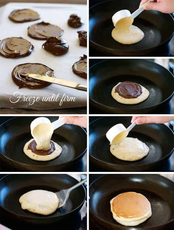 pancakes being made in a skillet with melted chocolate