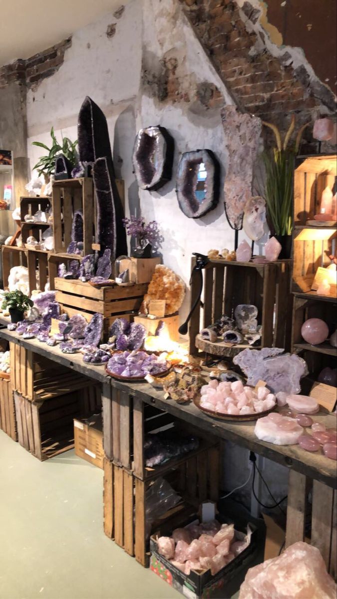 a room filled with lots of different types of rocks and other items on display in front of a stone wall