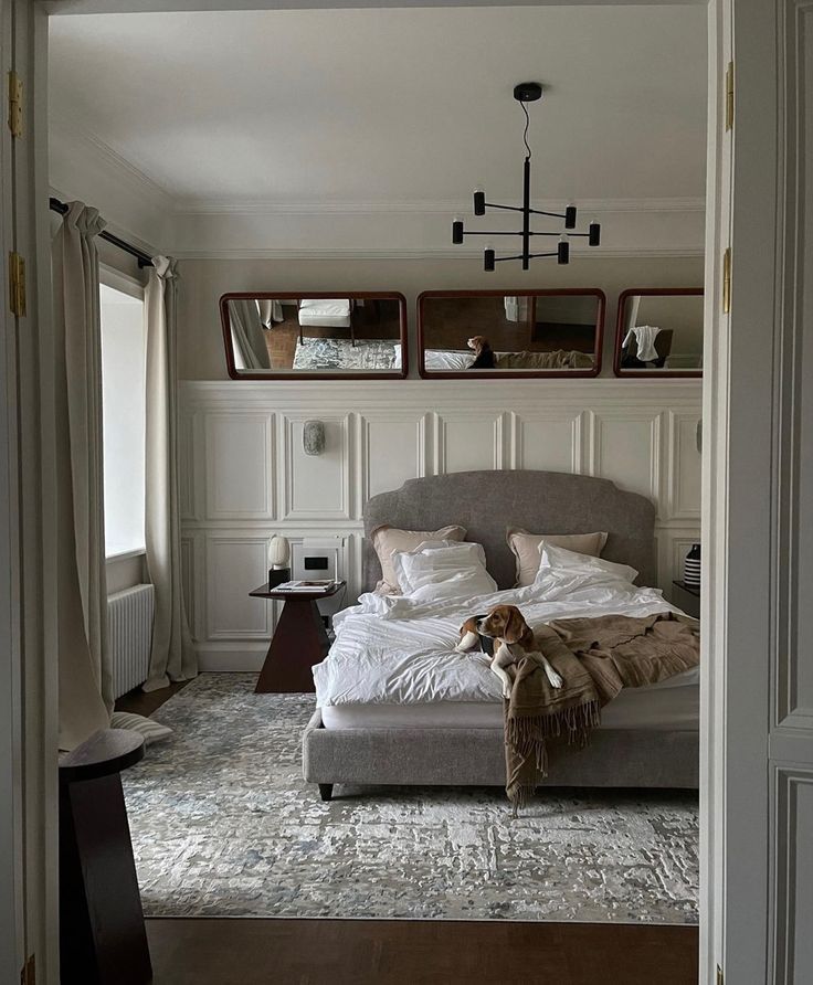 a dog laying on top of a bed in a bedroom