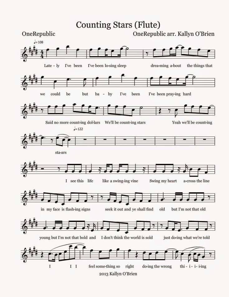 Counting Stars - Sheet Music Free Flute Sheet Music, Flute Songs, Flute Notes, Piano Songs Sheet Music, Sheet Music With Letters, Piano Music Easy, Piano Notes Songs, Clarinet Sheet Music, Clarinet Music