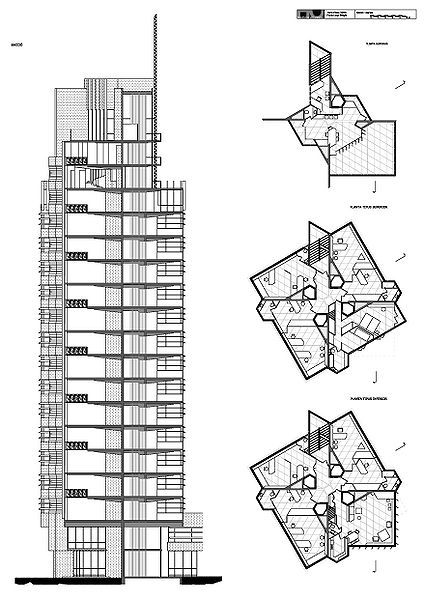 three diagrams showing different sections of a tall building, including the top and bottom floors