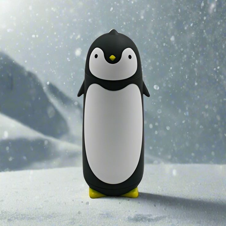 a black and white penguin standing in the snow