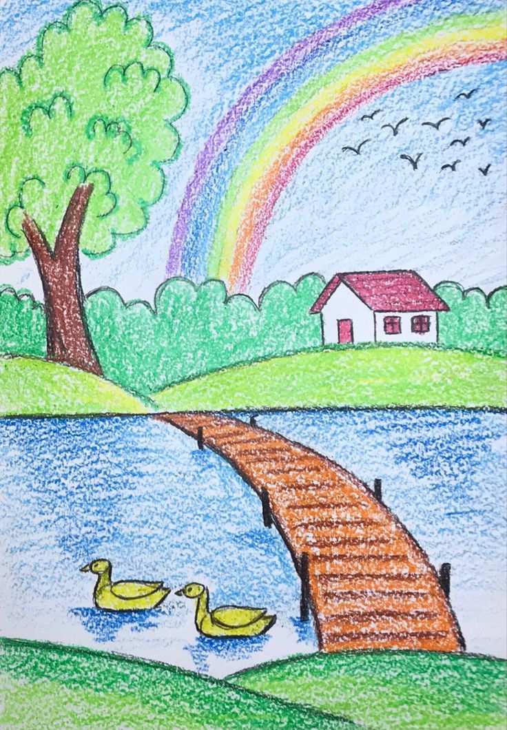 a drawing of two ducks crossing a bridge over a body of water with a rainbow in the background