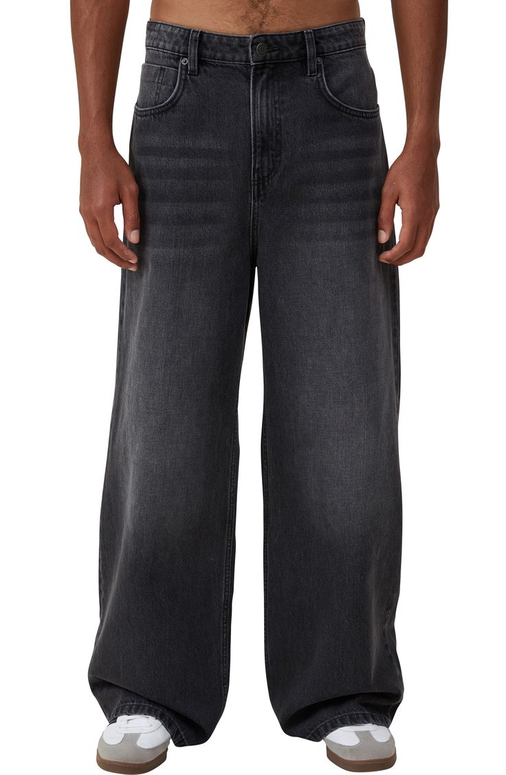 Wide, baggy legs that pool at the hems define are the on-trend nonstretch-denim jeans your wardrobe needs. Zip fly with button closure Five-pocket style 100% cotton Machine wash, line dry Imported Mens Black Baggy Jeans, Cotton On Jeans, Y2k Fashion Guys, Black Baggy Jeans Men, Black Jeans Baggy, Wide Leg Jeans Men, Men Baggy Jeans, Mens Baggy Jeans, Best Jeans For Men