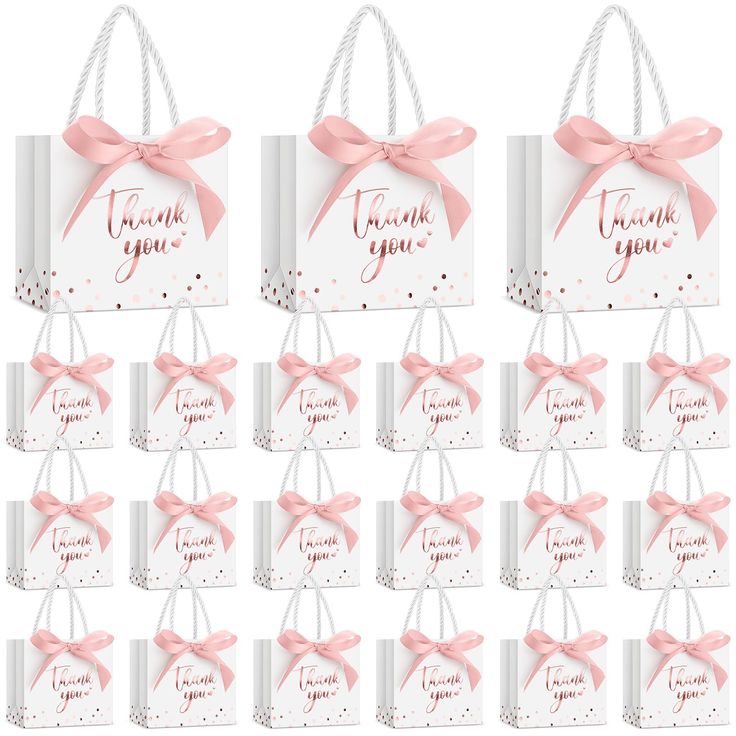 pink and white thank you gift bags with ribbon tied around the handles, set of 12