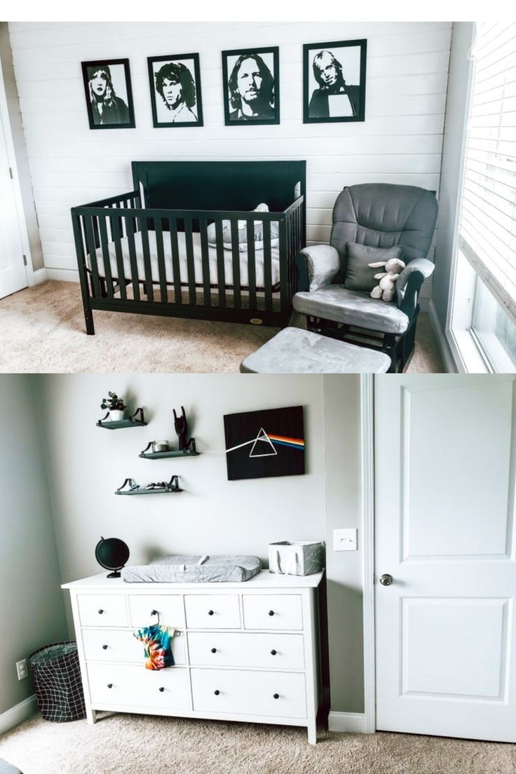 two photos of a baby's room with pictures on the wall and in the crib