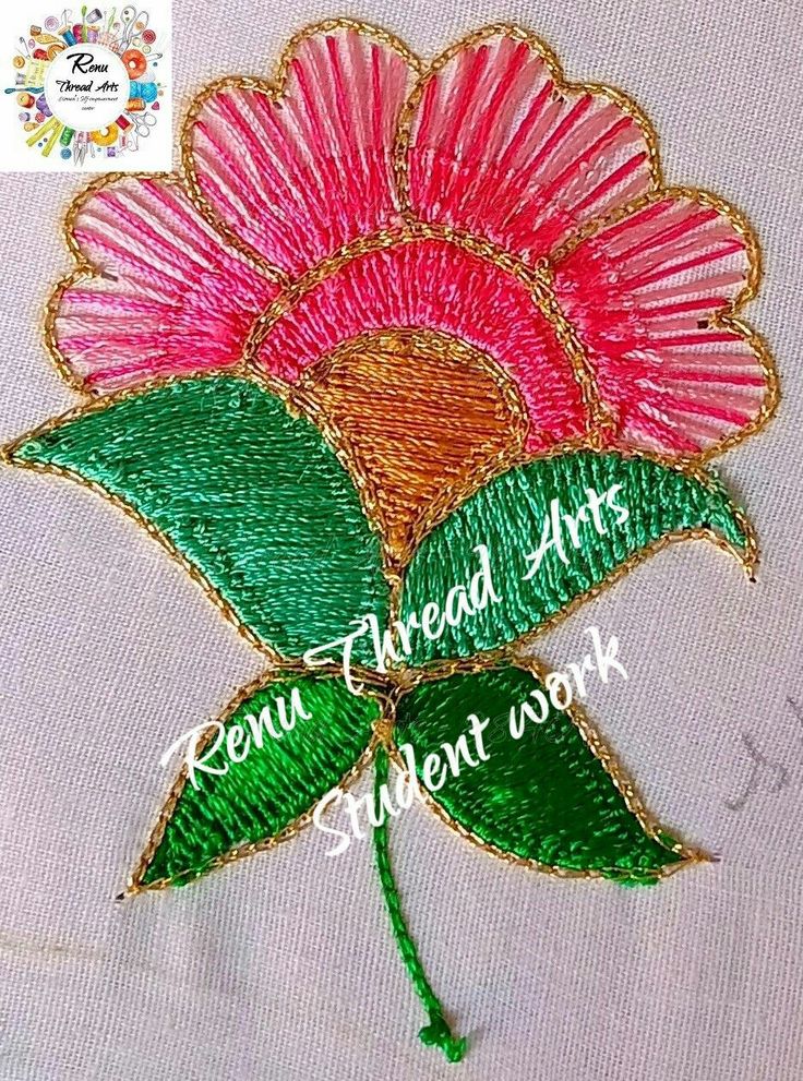 a pink flower with green leaves on it's side and the words renu thread arts embroidered work