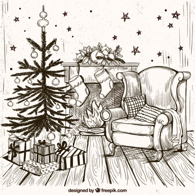 a black and white drawing of a living room with a christmas tree in the corner