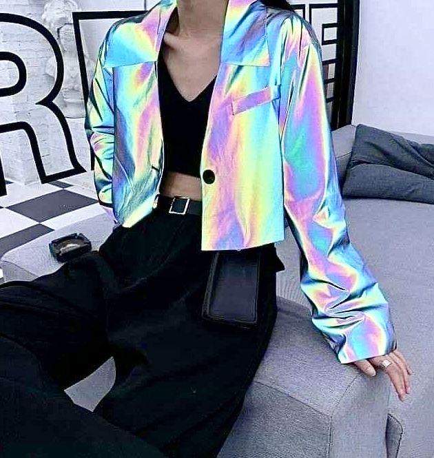 Ropa Color Neon, Holographic Fashion, Women Crop Top, Reflective Jacket, Rainbow Outfit, Festival Looks, Girls Fashion Clothes, Teen Fashion Outfits