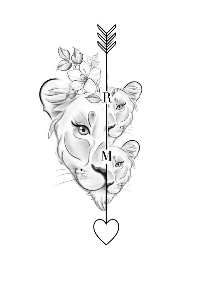 a drawing of two lions with flowers on their head and an arrow in the shape of a heart