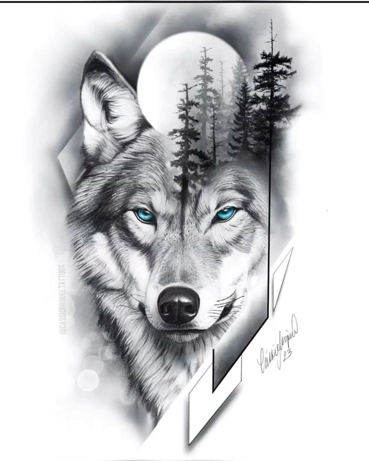 a drawing of a wolf with blue eyes and trees in the background on a white paper