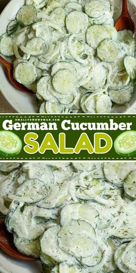 two pictures of cucumber salad in a bowl and on the same plate, with text overlay that reads german cucumber salad