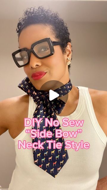 a woman wearing glasses and a tie with the words diy no sew side bow necktie