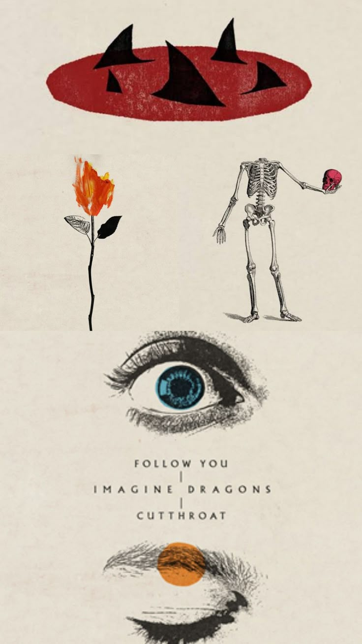 a poster with an image of a skeleton holding a flower and another drawing of a human eye