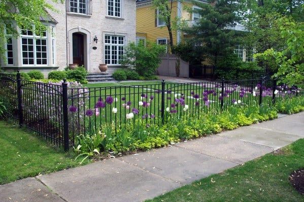 an iron fence in front of a house with tulips growing on the side