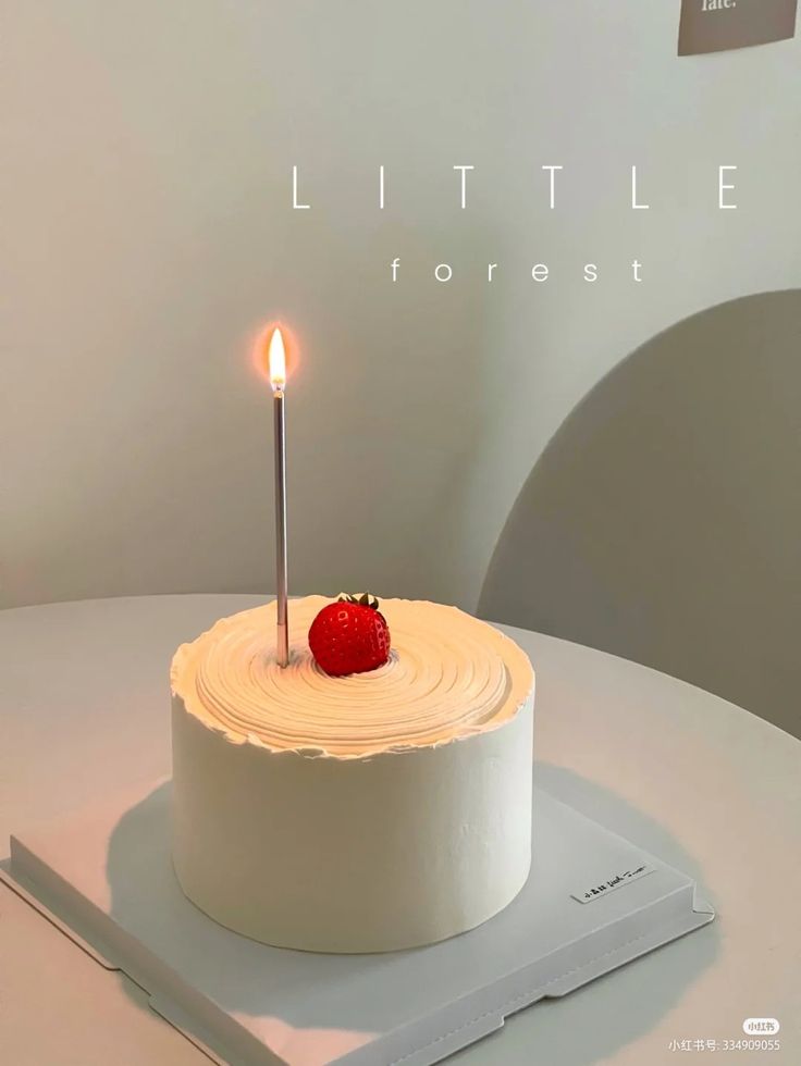 a small white cake with a single candle on top and a strawberry on the side