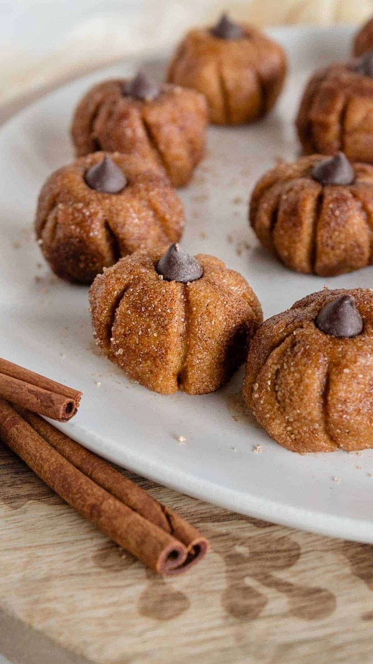 cinnamon bundts with chocolate chips on a white plate next to cinnamon sticks and cinnamon sticks