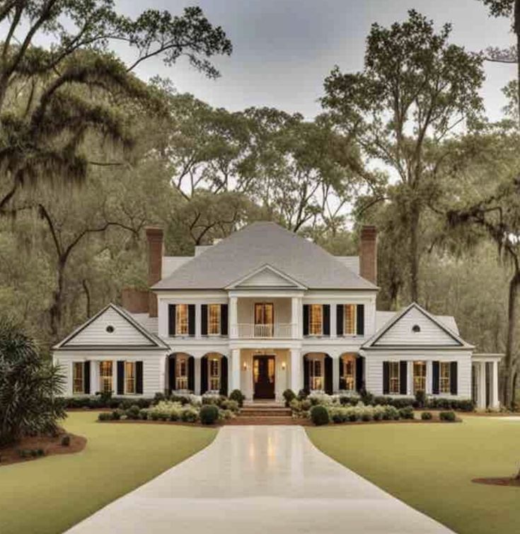 a large white house surrounded by trees and grass