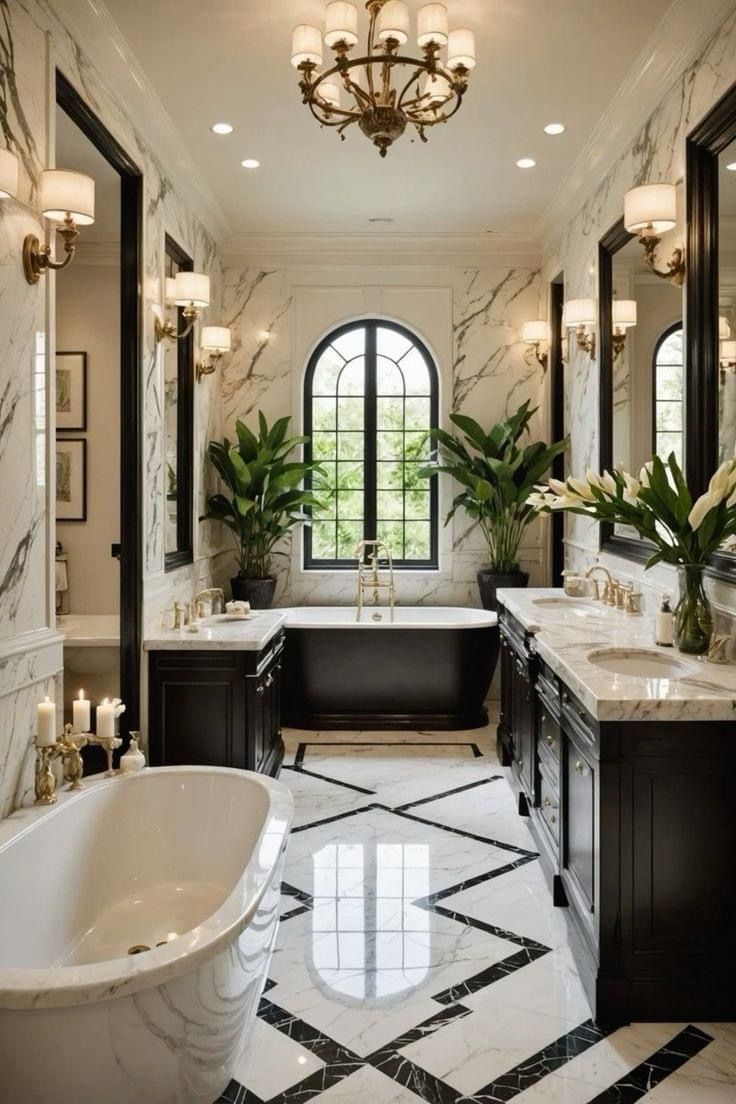 an elegant bathroom with marble floors and black cabinets, chandelier, bathtub