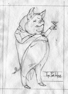 a drawing of a pig holding a flower in one hand and a bird in the other