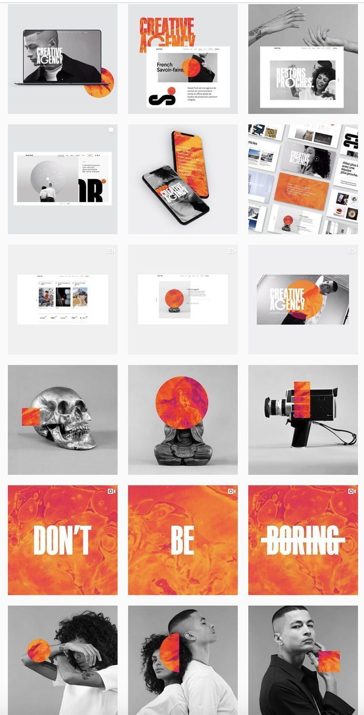 an orange and black presentation board with many different images on it, including the words don't be boring