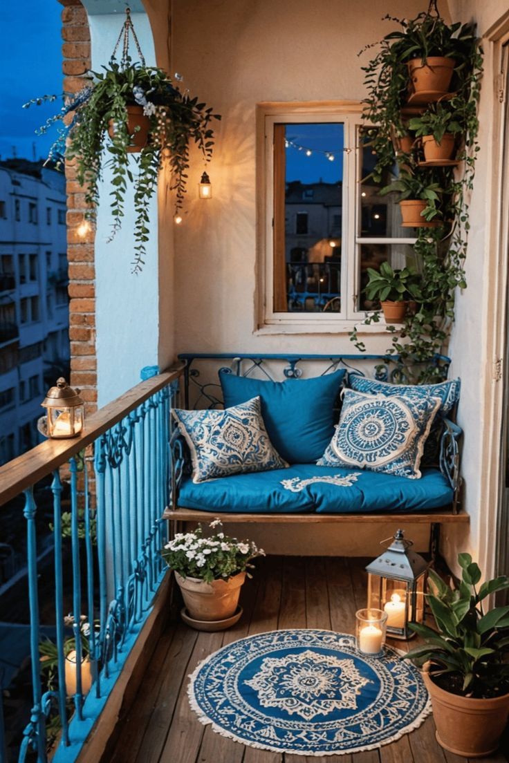 a porch with blue and white pillows, potted plants and candles on the balcony