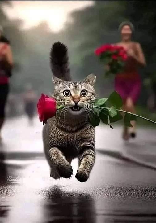 a cat is running down the street with a flower in its mouth and people behind it