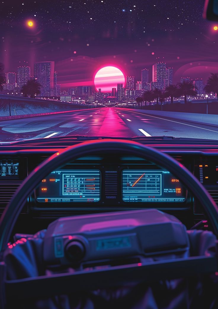 a car driving down a road at night with the sun setting in the distance and buildings lit up behind it