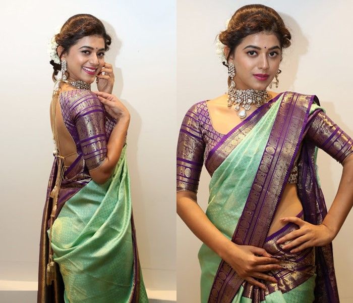 contrasting blouse colors with green sarees Saree Color Combinations, Green Sari, Sari Design, Pattu Saree Blouse Designs, Wedding Saree Collection, Indian Saree Blouses Designs, Silk Saree Blouse Designs, Half Saree Designs, Blouse Designs Silk