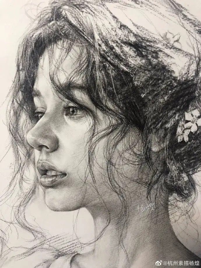 a pencil drawing of a woman's face with hair blowing in the wind and flowers on her head