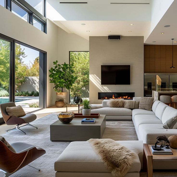 a living room filled with lots of furniture and a flat screen tv mounted to the wall