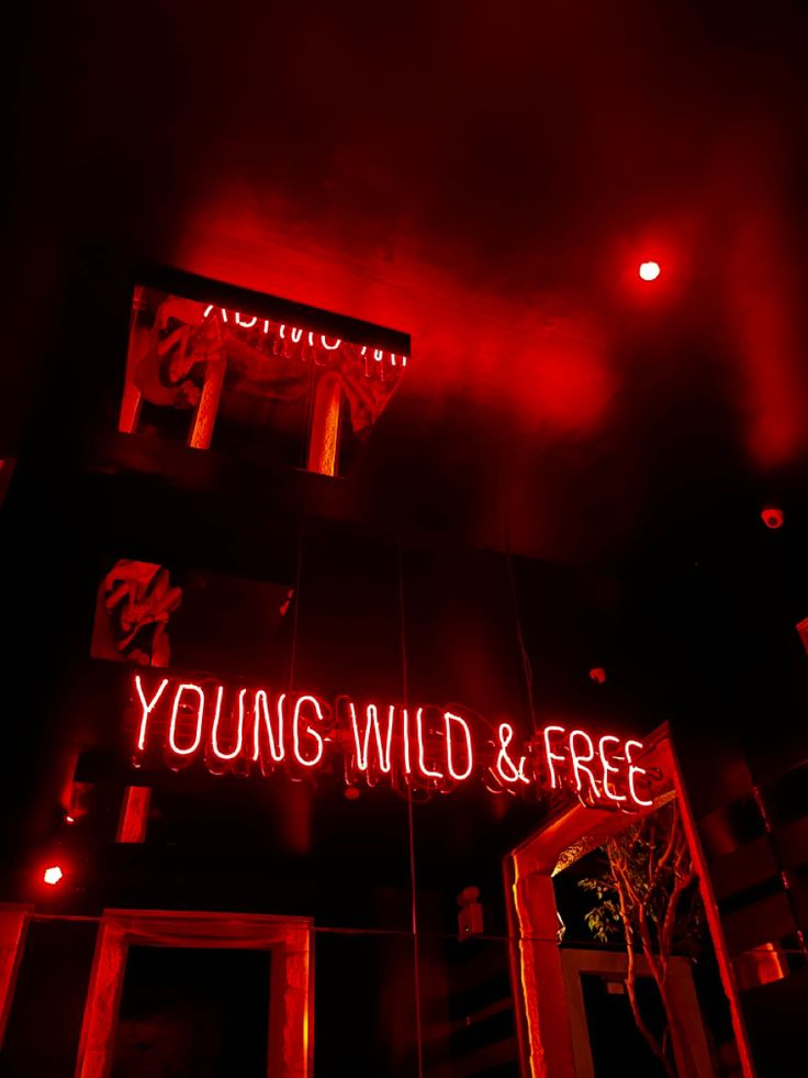 a neon sign that reads young wild and free on the side of a building at night