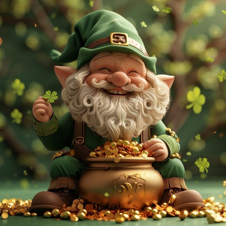 a statue of a lepreziger with gold coins around his feet and wearing a green hat