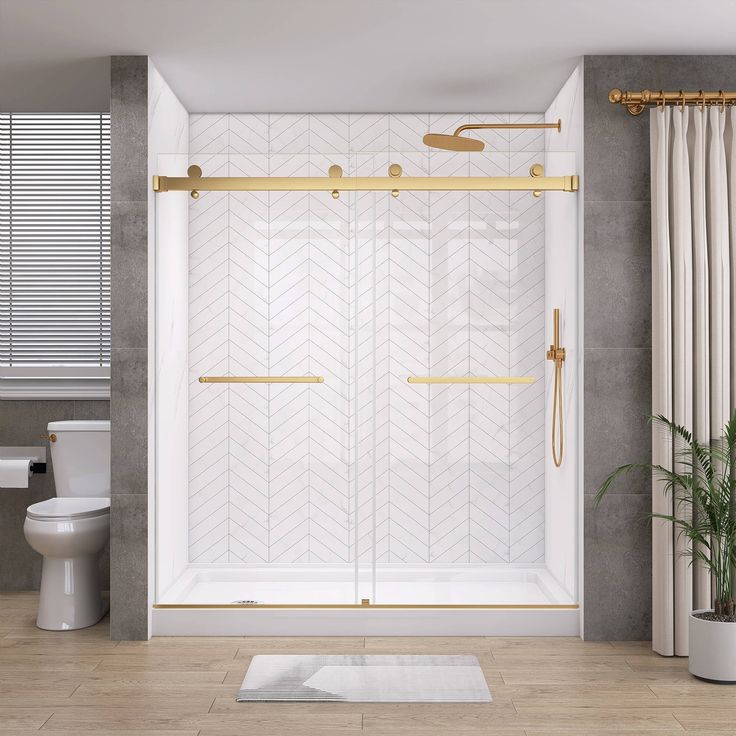 a bathroom with a shower, toilet and rug on the floor in front of it