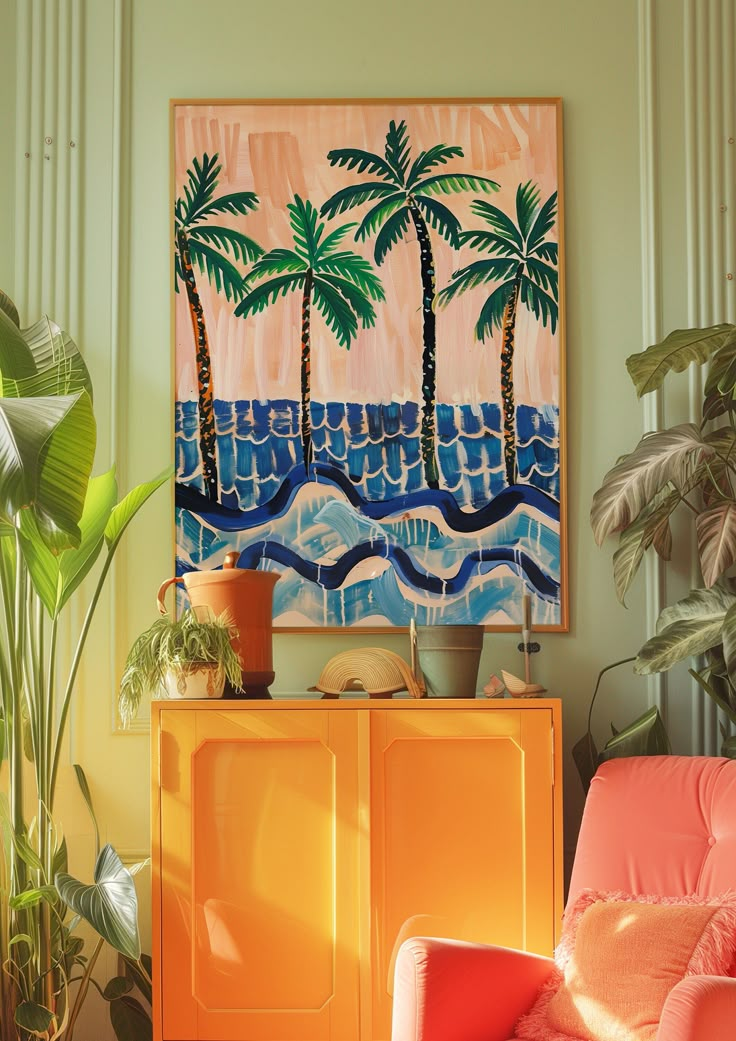 an orange chair in front of a painting with palm trees on the ocean and waves