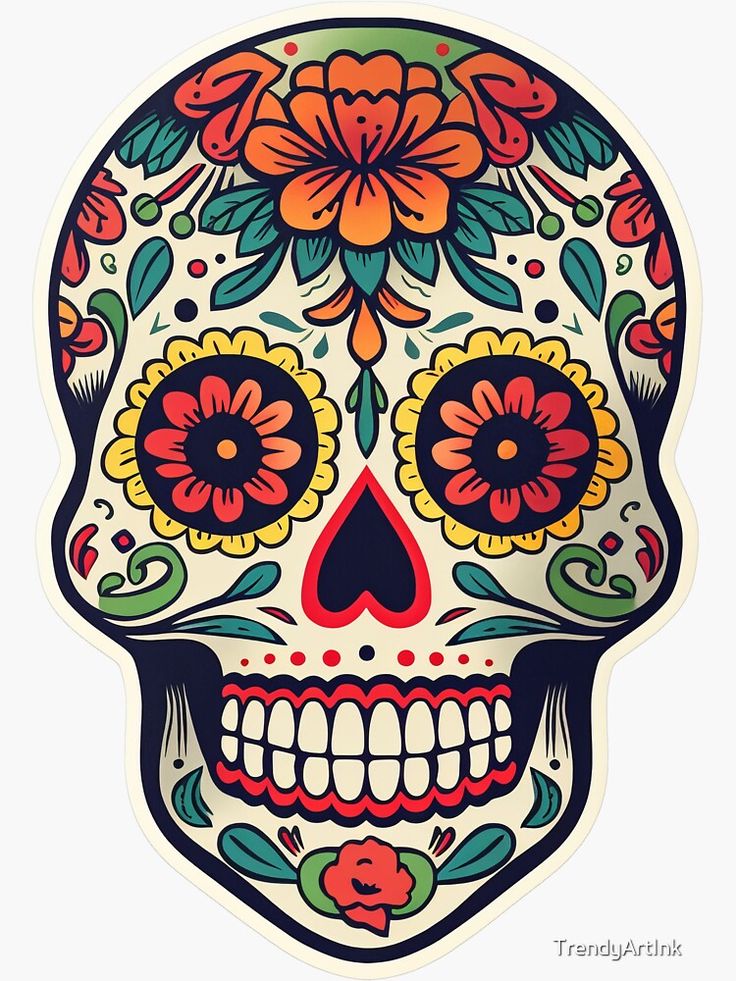 a colorful skull sticker with flowers and leaves on it's face is shown