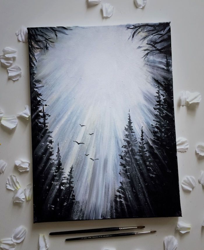 an acrylic painting of trees and birds in the sky with white petals scattered around