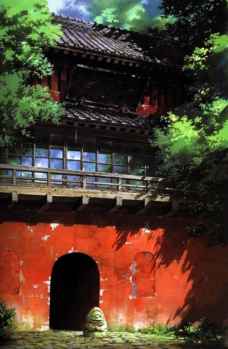 an artistic painting of a red building with trees in the foreground and water below