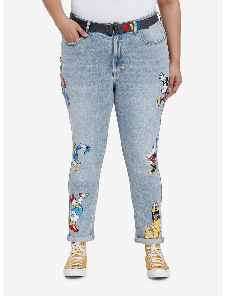 Disney Mickey Mouse And Friends Mom Jeans With Belt Plus Size Light Wash Mom Jeans, Jeans With Belt, Magical Light, Disney Valentines, Mickey Mouse Head, Mickey Mouse Minnie Mouse, Tall Hoodies, Plus Size Fits, Mickey Mouse And Friends